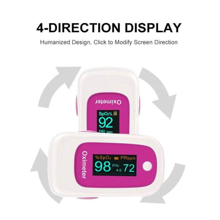 M160 Finger Pulse Oximeter For Everyday Use Rose Red - compact OLED display showing SpO2 98% and pulse, 4-direction screen