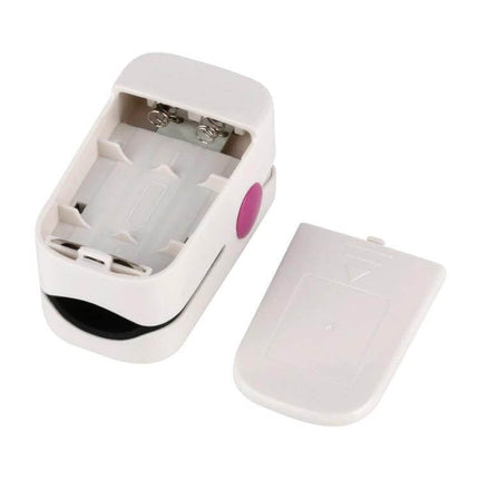 M160 Finger Pulse Oximeter For Everyday Use Rose Red showing open battery compartment and OLED display view