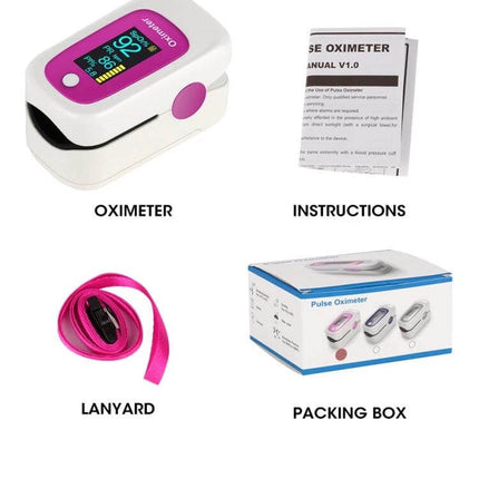 M160 Finger Pulse Oximeter For Everyday Use Rose Red showing oximeter, instructions, lanyard, and packing box