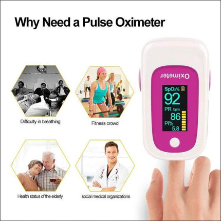 M160 Finger Pulse Oximeter For Everyday Use Rose Red showing OLED SpO2 and pulse readings, compact travel and home monitoring device
