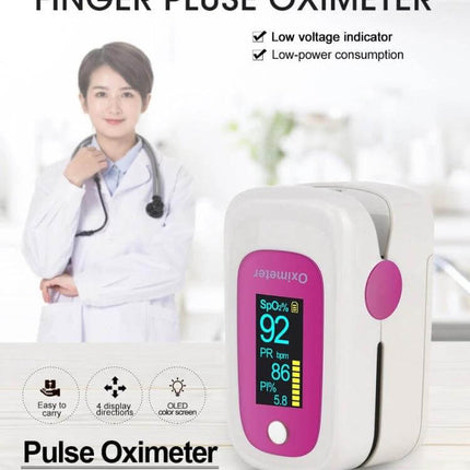 M160 Finger Pulse Oximeter For Everyday Use Rose Red showing OLED SpO2 92 and pulse 86 on compact fingertip device