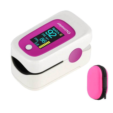 M160 Finger Pulse Oximeter For Everyday Use Rose Red - compact OLED display showing SpO2 92% and pulse rate, lightweight portable with zip case