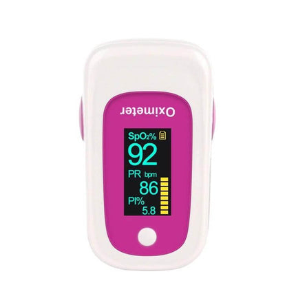Alt Tag: M160 Finger Pulse Oximeter For Everyday Use Rose Red compact OLED display showing SpO2 92 and pulse rate 86 for home, travel, sports monitoring