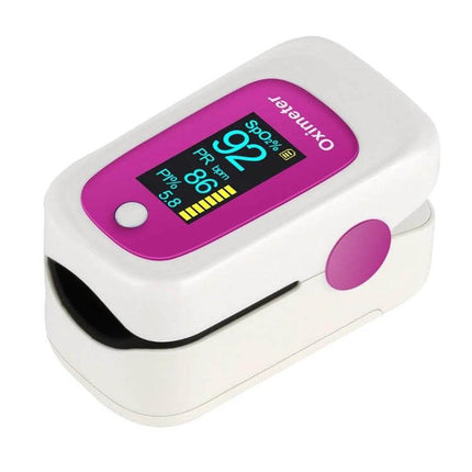 M160 Finger Pulse Oximeter For Everyday Use Rose Red compact oximeter with OLED display showing SpO2 92 and pulse rate 86
