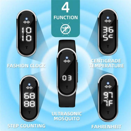 M21 Ultrasonic Mosquito Repellent Bracelet Black For Outdoors wearable showing clock, temperature, step counting and ultrasonic mosquito functions
