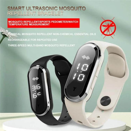 M21 Ultrasonic Mosquito Repellent Bracelet Black For Outdoors shown on black wearable with digital display and beige band