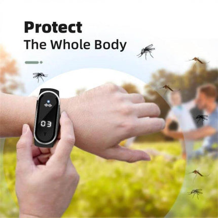 M21 Ultrasonic Mosquito Repellent Bracelet Black For Outdoors shown worn on wrist protecting whole body outdoors