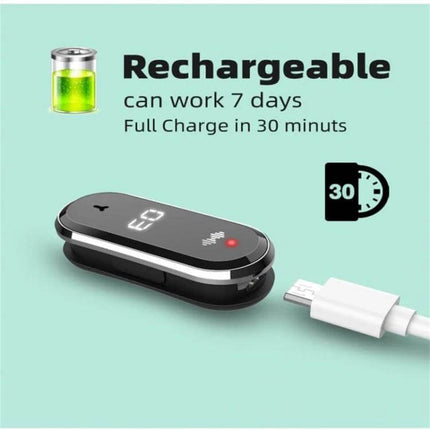 M21 Ultrasonic Mosquito Repellent Bracelet Black For Outdoors showing rechargeable clip-on device with USB cable and 30-minute full charge indicator