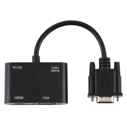 Adapter for Connecting VGA Devices to HDMI TVs with Audio Support - compact black VGA-to-HDMI converter with audio input cable