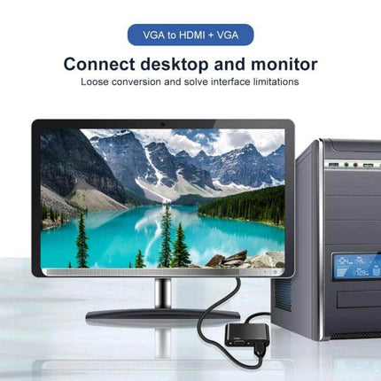 Adapter for Connecting VGA Devices to HDMI TVs with Audio Support – VGA desktop to HDMI monitor hookup showing cable and audio-enabled adapter