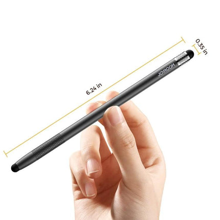 JOYROOM Universal Stylus Pen with Replaceable Silicone Tips held between fingers showing 6.24 in length and 0.35 in tip diameter