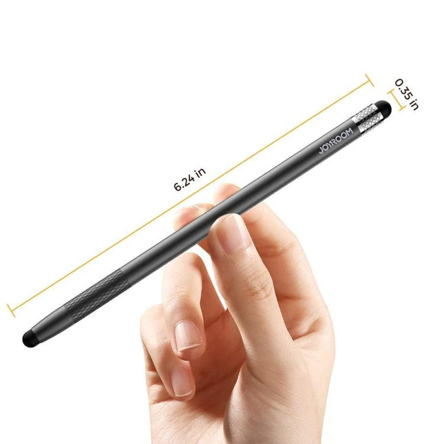 JOYROOM Universal Stylus Pen with Replaceable Silicone Tips held between fingers showing 6.24 in length and 0.35 in tip diameter