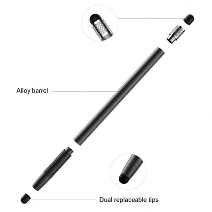 JOYROOM Universal Stylus Pen with Replaceable Silicone Tips showing alloy barrel and dual replaceable tips for precise sketching and note-taking