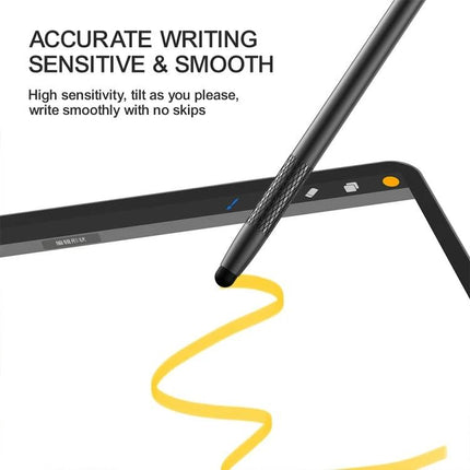 JOYROOM Universal Stylus Pen with Replaceable Silicone Tips drawing smooth yellow line on tablet, accurate writing and high sensitivity