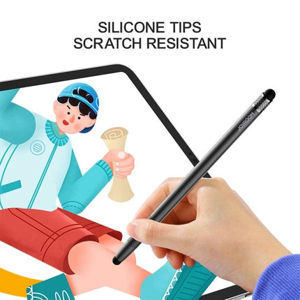 JOYROOM Universal Stylus Pen with Replaceable Silicone Tips being used on a tablet for drawing and note-taking, scratch-resistant silicone tip