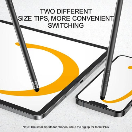 JOYROOM Universal Stylus Pen with Replaceable Silicone Tips shown with two tip sizes on tablet and smartphone for drawing and note-taking