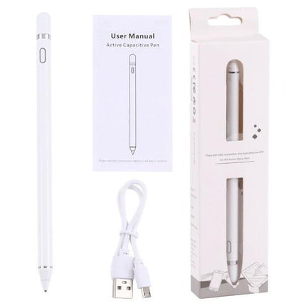 Universal Active Capacitive Stylus Pen for Touch Screens - white pen, USB cable, user manual and retail box