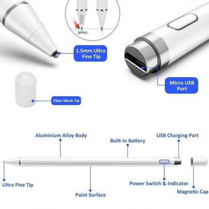 Universal Active Capacitive Stylus Pen for Touch Screens showing 1.5mm ultra fine tip, micro USB port, aluminum alloy body and magnetic cap