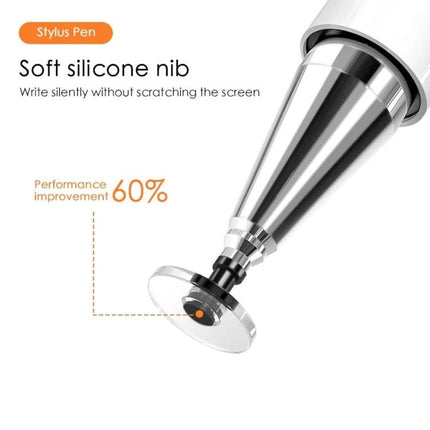 Universal Silicone Disc Nib Stylus Pen with Magnetic Cap showing soft silicone disc tip and magnetic cap, ideal for precise touchscreen writing and sketching