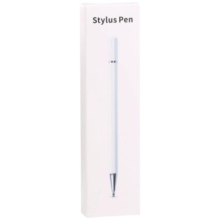 Silicone-Tipped Stylus Pen for Writing on Smartphones and Tablets shown in white packaging with transparent disc tip for precise touchscreen use
