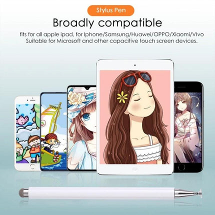 Silicone-Tipped Stylus Pen for Writing on Smartphones and Tablets showcased with tablet and multiple smartphones for precision touchscreen use