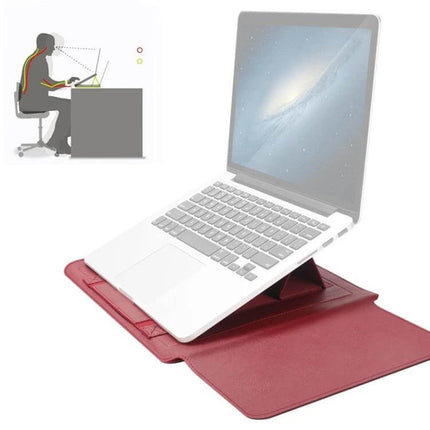 Versatile PU Leather Laptop Bag Set for 15-Inch Laptops with Organizer showing red PU leather bag used as lightweight laptop stand and organizer