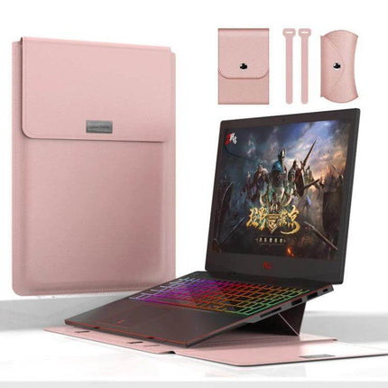 Versatile PU Leather Laptop Bag Set for 15-Inch Laptops with Organizer in pink showing sleeve, organizer pockets and laptop stand