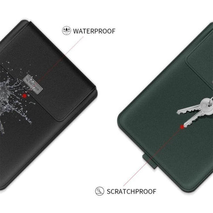 Versatile PU Leather Laptop Bag Set for 15-Inch Laptops with Organizer showing waterproof and scratchproof protective sleeve with keys and water splash
