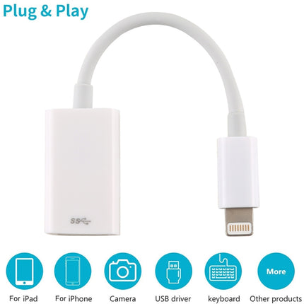 Practical Camera Adapter for Importing Photos to iPhone Devices - white Lightning to USB plug-and-play adapter for iPhone iPad iPod