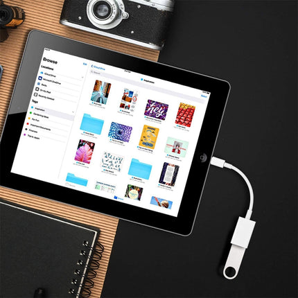 Practical Camera Adapter for Importing Photos to iPhone Devices connected to iPad showing photo import from USB flash drive