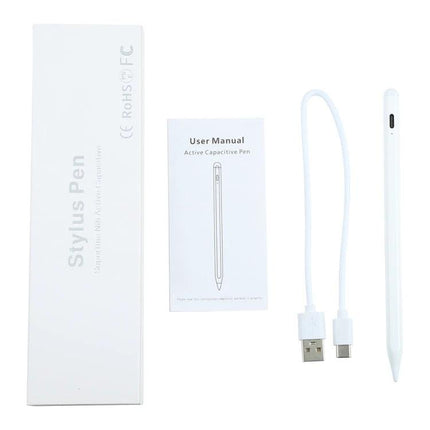 Universal Capacitive Stylus Pen with Fine Tip for Touch Devices white stylus, USB-C charging cable and user manual on white background