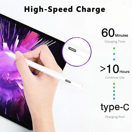 Universal Capacitive Stylus Pen with Fine Tip for Touch Devices held over tablet showing high-speed Type-C charging and 10+ hours use