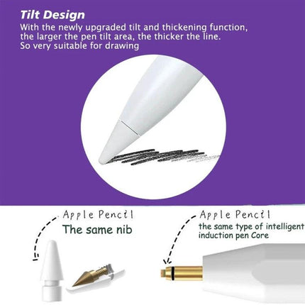 Universal Capacitive Stylus Pen with Fine Tip for Touch Devices showing fine-tip nib, tilt drawing demo and replacement nibs