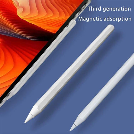 Universal Capacitive Stylus Pen with Fine Tip for Touch Devices shown attached magnetically to tablet and displayed with fine white tips