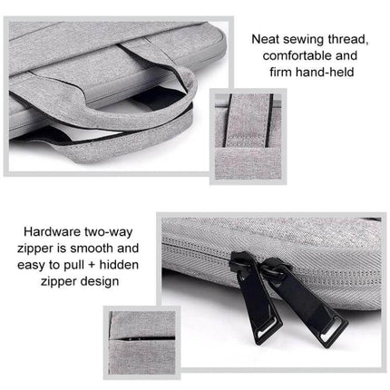 15.4 Inch Portable Laptop Bag with Double Side Pockets and Handle showing grey fabric handles, neat stitching and two-way zipper close-up