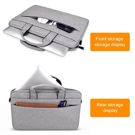 15.4 Inch Portable Laptop Bag with Double Side Pockets and Handle showing front and rear pockets with handle and accessories