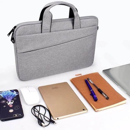 15.4 Inch Portable Laptop Bag with Double Side Pockets and Handle gray fabric sleeve with handle, front pocket, and accessories laid out