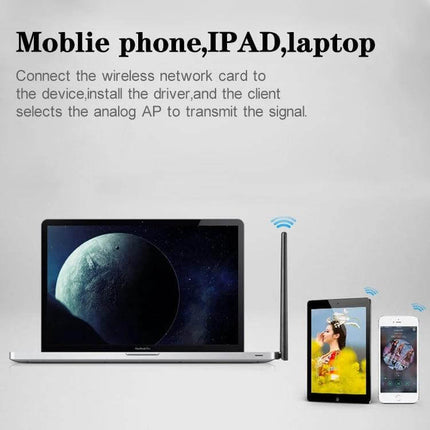 Dual Band USB WiFi Adapter for Wireless Connectivity showing adapter connected to laptop, tablet, and phone for improved streaming and gaming