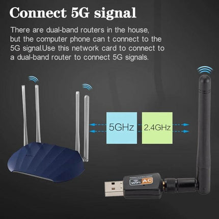 Dual Band USB WiFi Adapter for Wireless Connectivity - Realtek 8811CU USB adapter with external antenna connecting laptop to 5GHz and 2.4GHz router