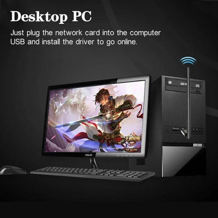 Dual Band USB WiFi Adapter for Wireless Connectivity plugged into a desktop PC USB port next to monitor showing online gaming