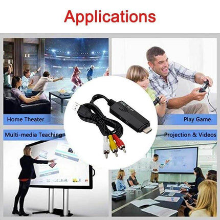 HDMI to RCA Video Converter for Connecting to Older Televisions with 1080P Support - compact adapter showing RCA cables and HDMI for home, gaming, teaching