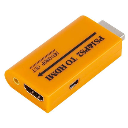 USB HDMI Converter for PS1 and PS2 Games to 1080P Output - orange adapter showing HDMI, AV and micro USB ports for retro console to HDTV hookup