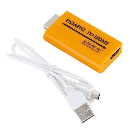 USB HDMI Converter for PS1 and PS2 Games to 1080P Output - yellow adapter with USB power cable, PS1/PS2 to HDMI upscaler