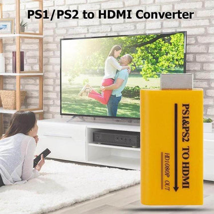 USB HDMI Converter for PS1 and PS2 Games to 1080P Output - yellow PS1&PS2 to HDMI adapter next to TV showing family scene