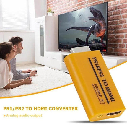 USB HDMI Converter for PS1 and PS2 Games to 1080P Output - yellow PS1/PS2 to HDMI adapter shown with TV gameplay