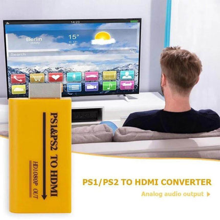 USB HDMI Converter for PS1 and PS2 Games to 1080P Output - yellow PS1/PS2 to HDMI adapter showing console hookup to modern TV (retro gaming)