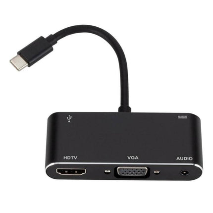 USB-C Multi-Port Adapter for HDMI, VGA, and Device Connections - compact black hub with HDMI, VGA and audio ports
