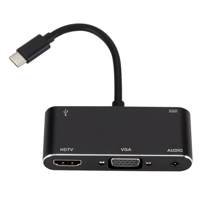 USB-C Multi-Port Adapter for HDMI, VGA, and Device Connections - compact black hub with HDMI, VGA and audio ports