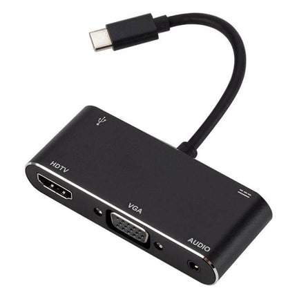 USB-C Multi-Port Adapter for HDMI, VGA, and Device Connections - black hub with HDMI, VGA, audio and USB-C cable