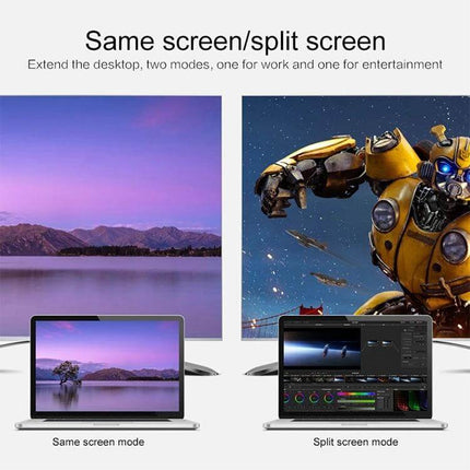 USB-C Multi-Port Adapter for HDMI, VGA, and Device Connections connecting a laptop to dual monitors showing same screen and split-screen modes